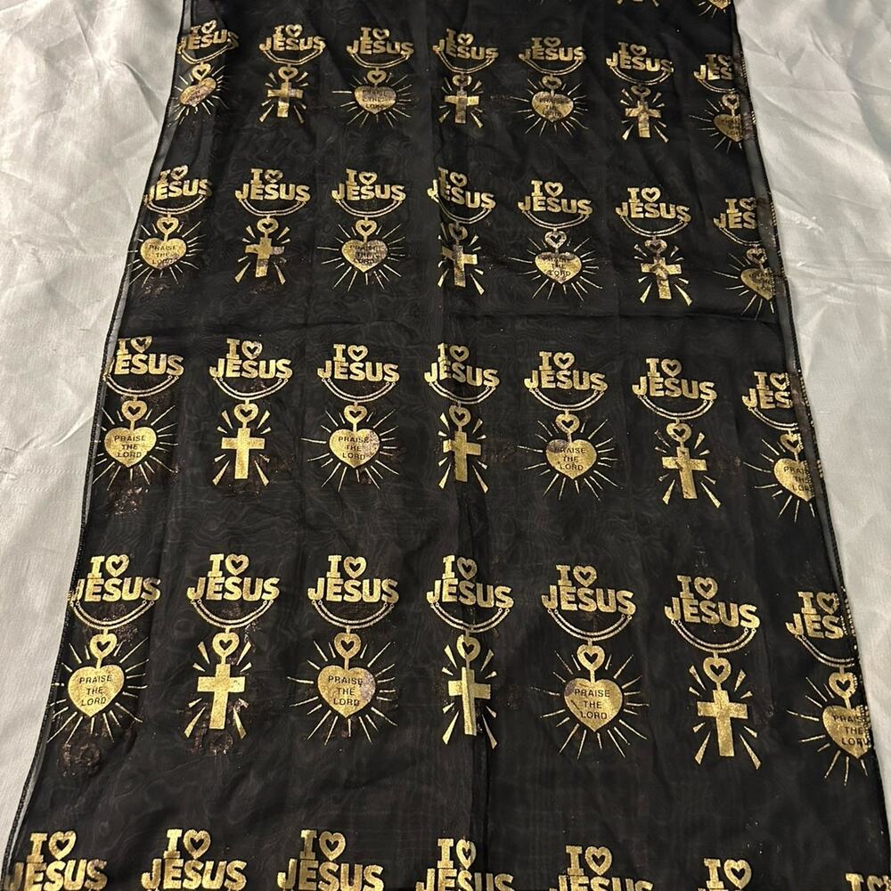 I love Jesus black and gold silk Scarf